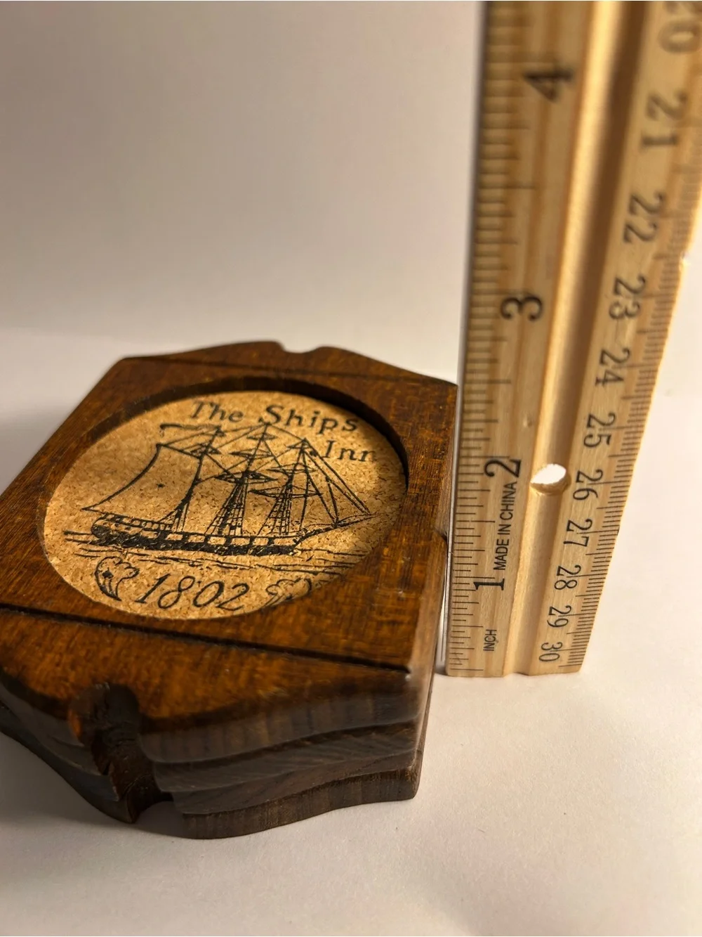 5 vintage coasters Woodcrest by Styson The Ships Inn 1802 Wood Pressed Cork SET